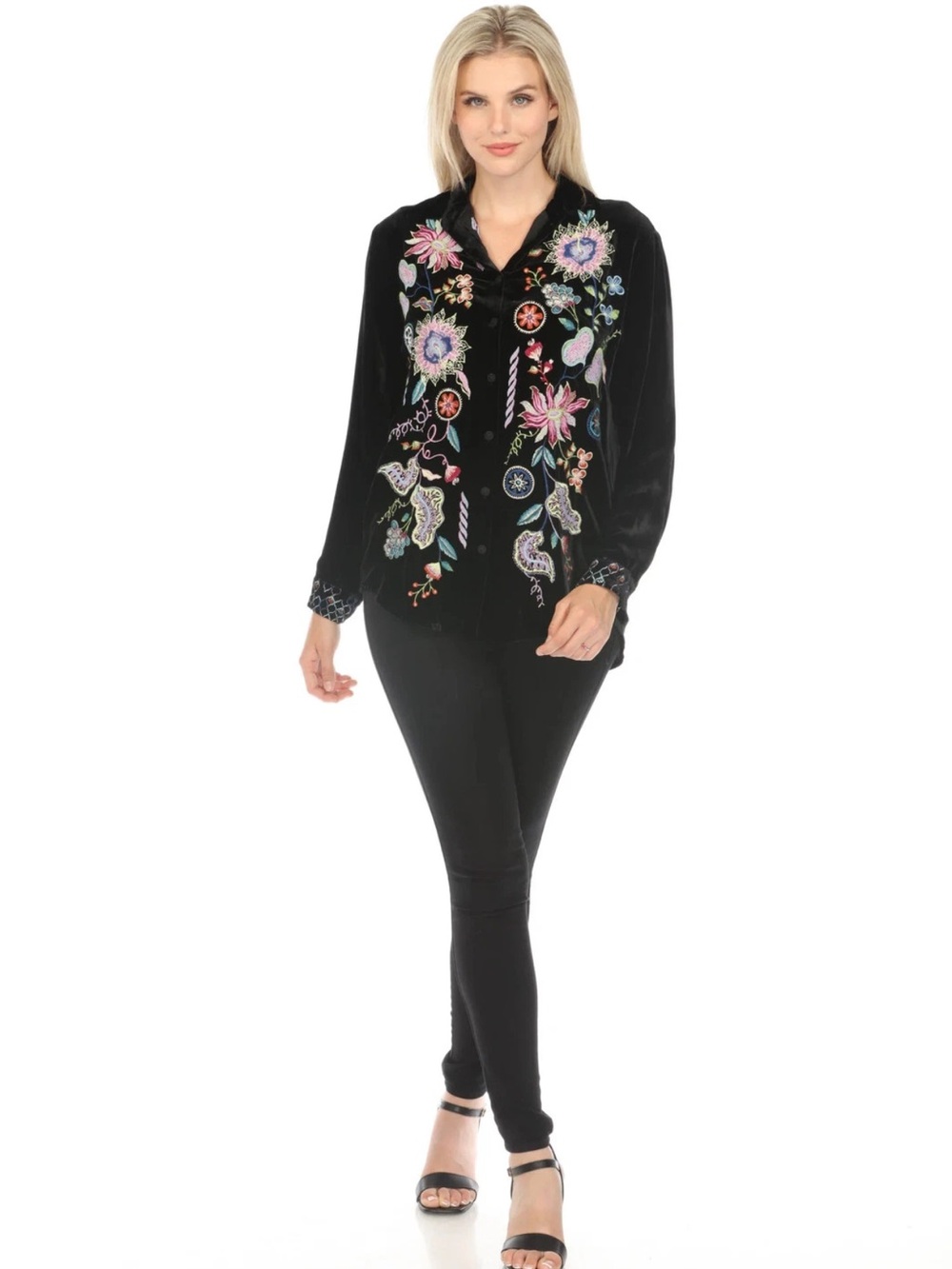 NWT Johnny Was Pacifica Velvet Oversized Shirt
Black Blouse Embroidered Sz L